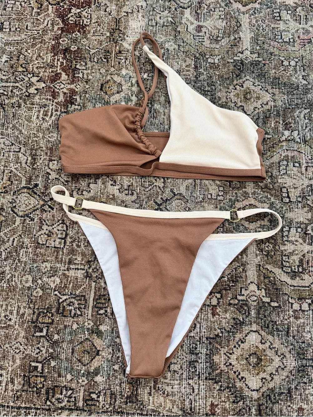 Two-Tone Brown and Cream Ribbed Women’s Bikini Set